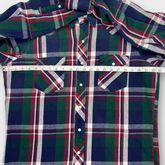 VINTAGE Wrangler Shirt Mens Medium Western Pearl Snap Long Tail Plaid Bushpopper - Picture 8 of 12